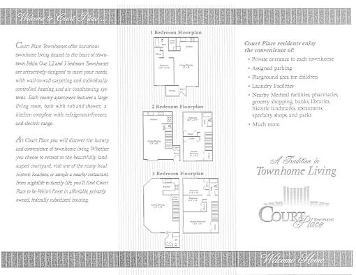 A brochure for Court Place Townhomes showcasing the amenities and floor plans.