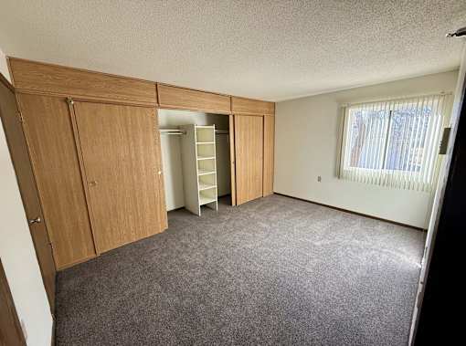 A room with a carpeted floor, a wooden wardrobe, and a white ladder.