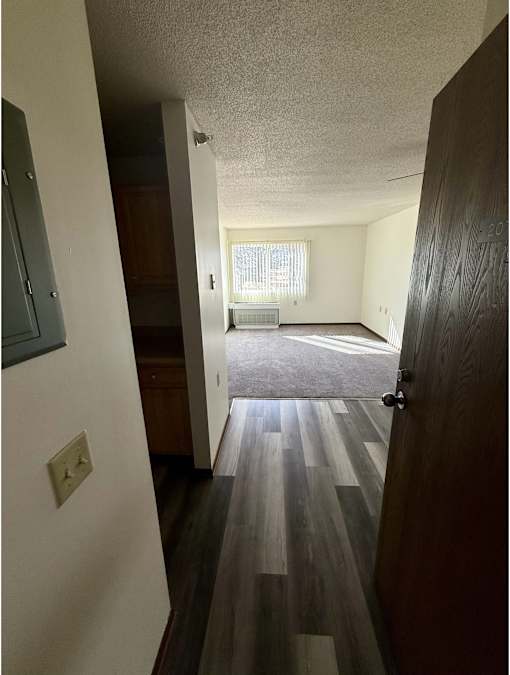 A hallway with a wooden floor and a door on the right.