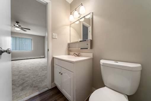 A bathroom with a toilet, sink, and mirror.