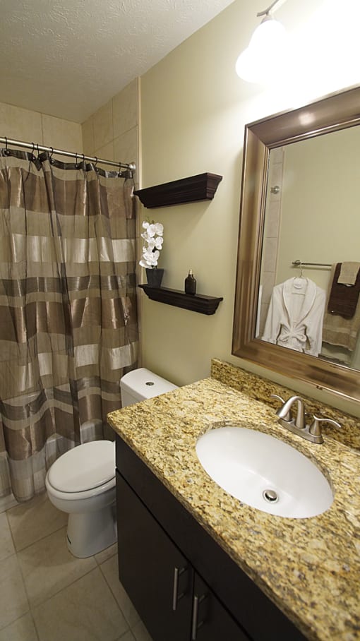 Updated apartment bathroom with dark cabinets and granite counter.