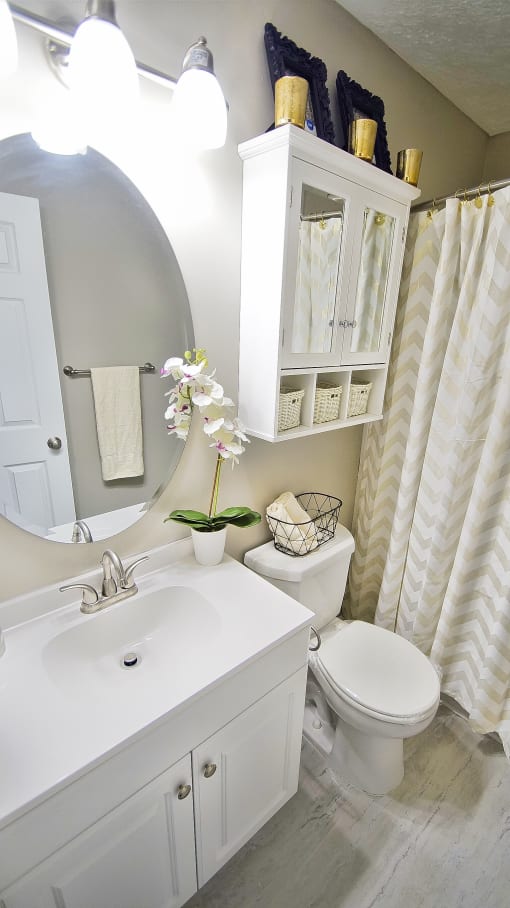 Upgraded apartment bathroom with white cabinets.
