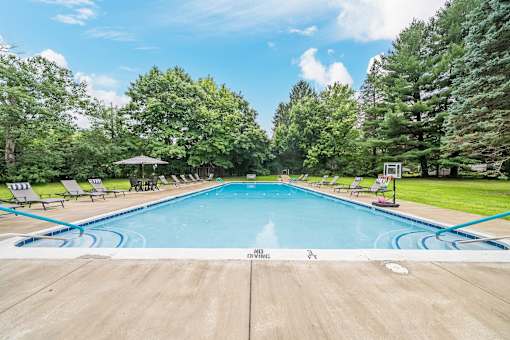 A large outdoor swimming pool surrounded by trees and lounge chairs.