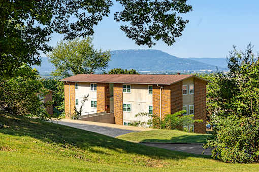 A building with a brown roof is surrounded by greenery and trees.