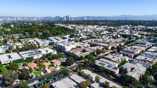 Aerial drone photo of the Palms neighborhood around The Glendon Building.