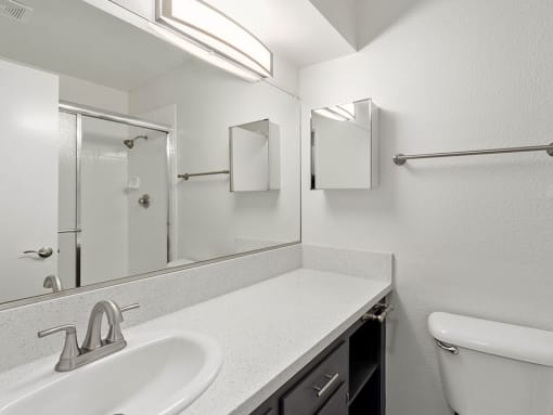 Modern styled bathroom with shower and tub.