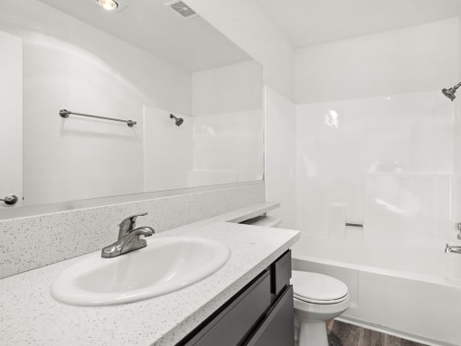 Modern styled bathroom with shower and tub.