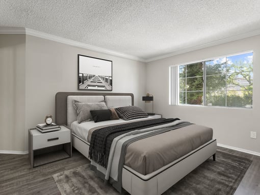 Carpeted bedroom with large window for natural light.