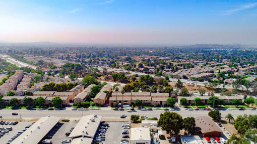 Aerial drone view of Olive View Gardens and the surrounding San Fernando Valley.