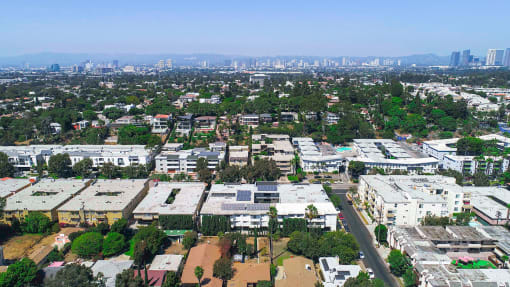 Aerial drone image of Rose Apartments and surrounding neighborhood.