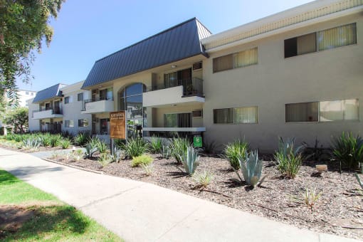 Drought-tolerant greenery decorating the entrance to Rose Apartments.