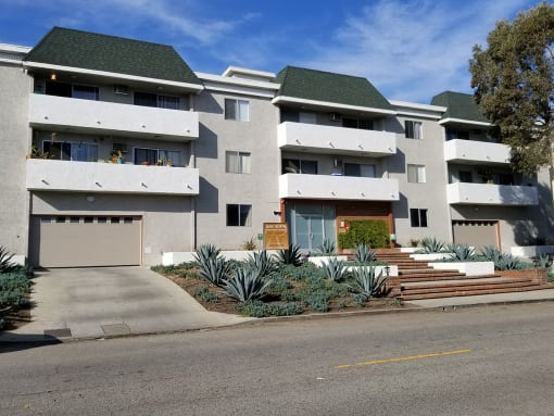 Front view of Rose North Apartments and balconies.