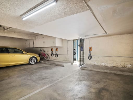Parking garage with EV car chargers.