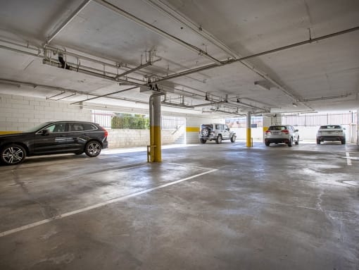 Spacious underground parking garage.