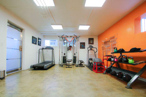On-site gym with treadmill, weight machines, and free weights.