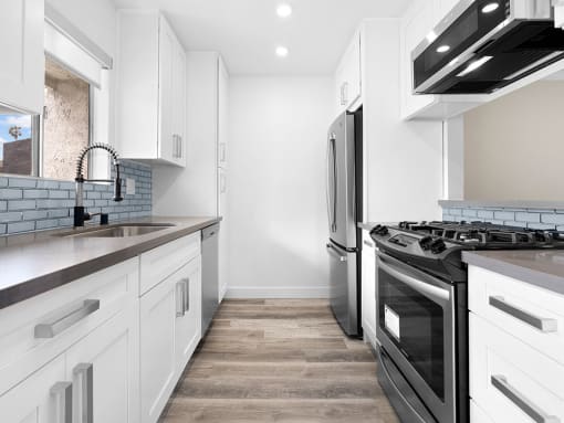 Blue tiled kitchen with stainless steel oven, fridge, dish washer, and fixtures.