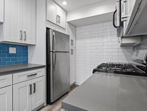 Blue tiled kitchen with stainless steel oven, fridge, and fixtures.