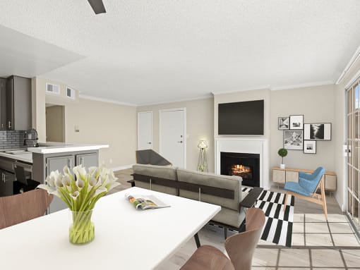 Living room with hardwood floor and view of dining room and kitchen area.
