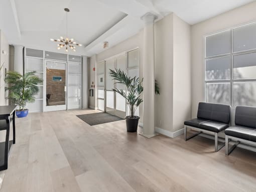 Stylish modern lobby at Palms Court Apartments