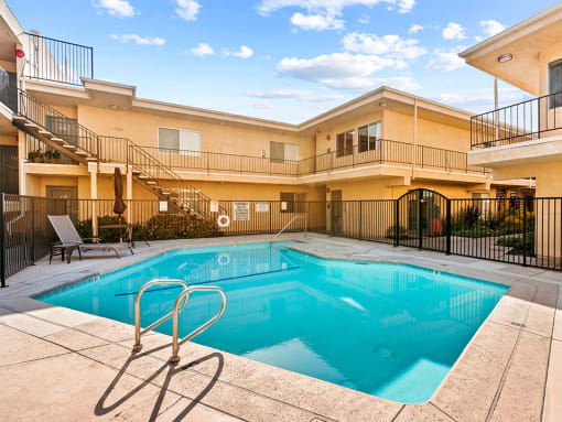 Five large outdoor pools in each of five individual buildings.