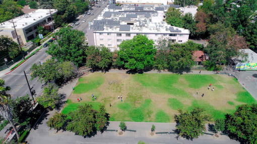 Drone view of Carpenter School, next door to building.