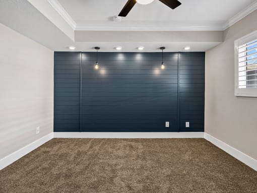 Designer shiplap on bedroom accent wall.