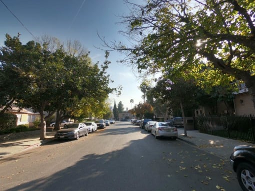 Quiet neighborhood street in front of Tilden 2 Apartments.