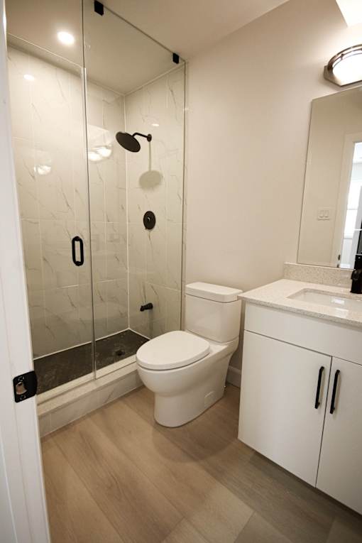 A white toilet sits next to a walk-in shower in a bathroom.
