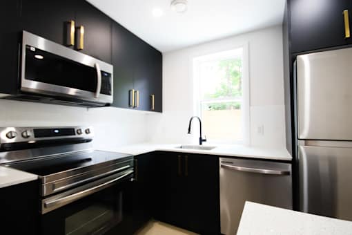 A modern kitchen with black cabinets and stainless steel appliances.