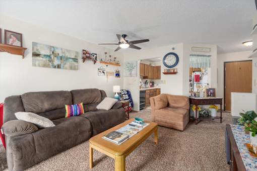A living room with a grey couch and a wooden coffee table.