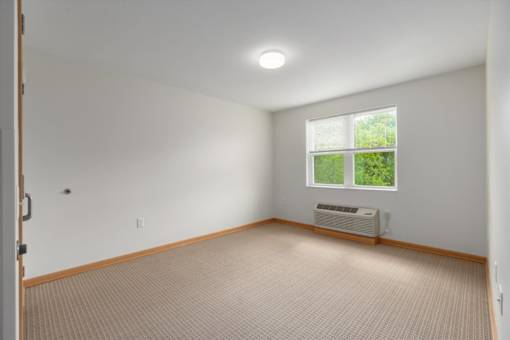 A room with a window and a carpeted floor.