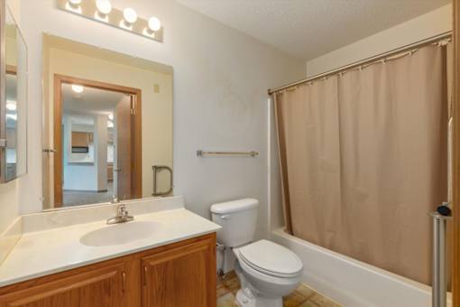 A bathroom with a sink, toilet, and shower.