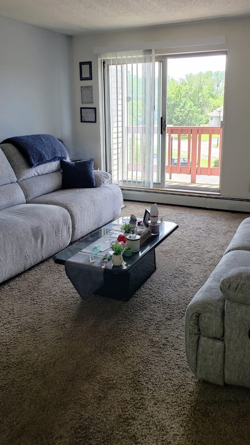 a living room with couches and a coffee table
