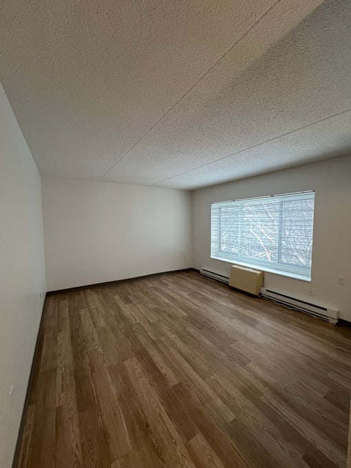 A room with wooden flooring and a window with blinds.