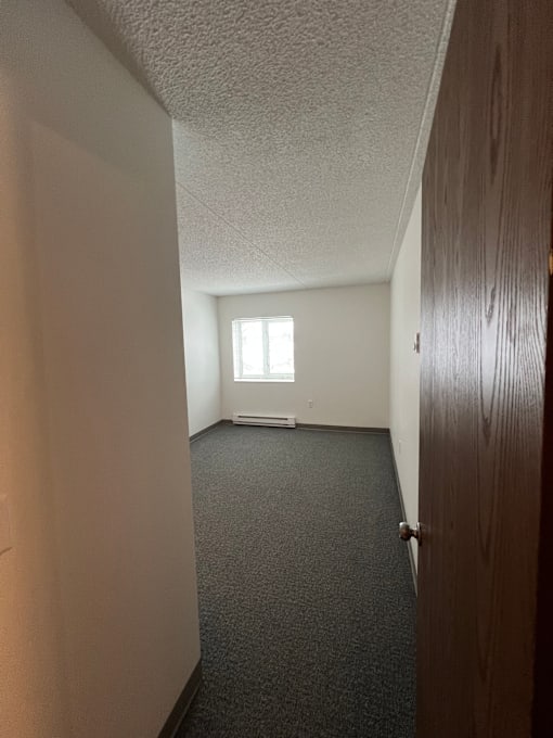 A hallway with a carpeted floor and a door on the right.