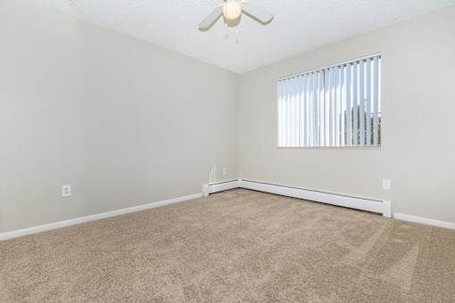 A room with a carpeted floor and a ceiling fan.