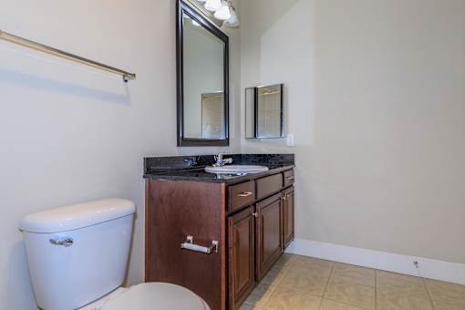 A bathroom with a toilet, sink, and mirror.