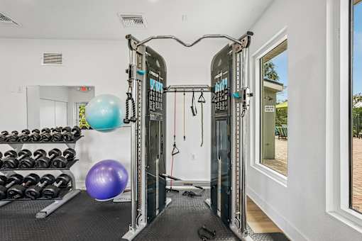 A gym with a row of dumbbells on the left and a row of exercise balls on the right.