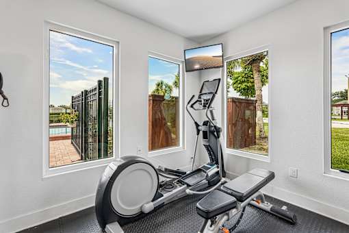 A home gym with a stationary bike and a view of the backyard through the windows.