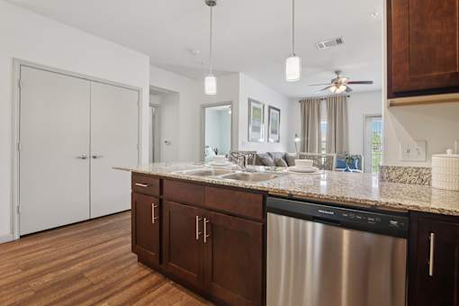 A modern kitchen with a stainless steel dishwasher and wooden cabinets.