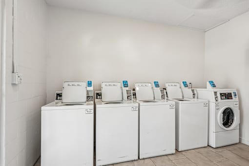 A row of white washing machines are lined up in a room.