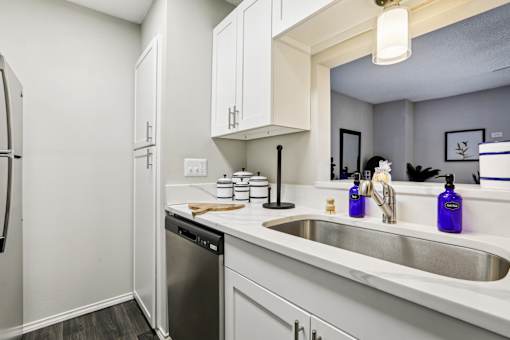 A kitchen with white cabinets and a stainless steel dishwasher.