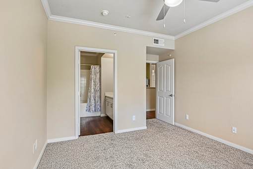 A room with a carpeted floor and a ceiling fan.