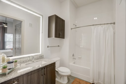 a bathroom with a shower sink and toilet and a mirror