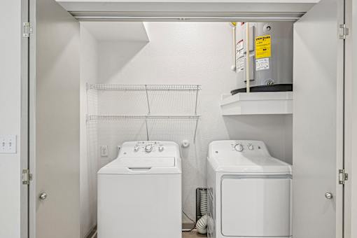 A small laundry room with a washer and dryer.