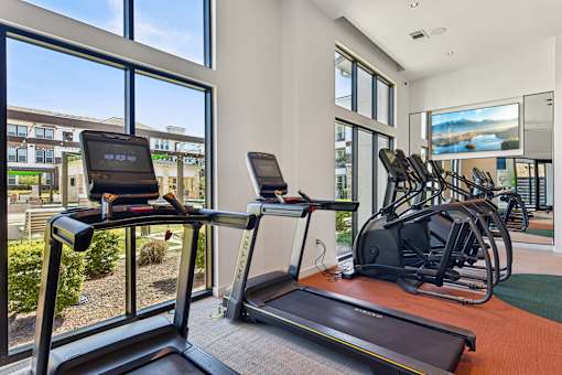 A treadmill and a stationary bike are in a gym with a view of a building outside the window.