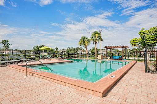 A pool surrounded by a brick patio with a palm tree in the background.
