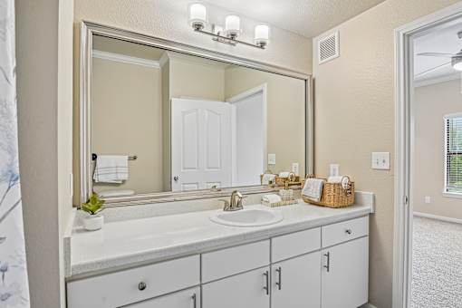 A bathroom with a white sink and a large mirror.