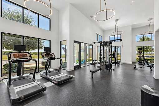 A spacious gym with treadmills, elliptical machines, and a weight rack.