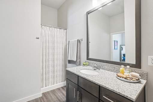 A bathroom with a sink, mirror, and shower curtain.